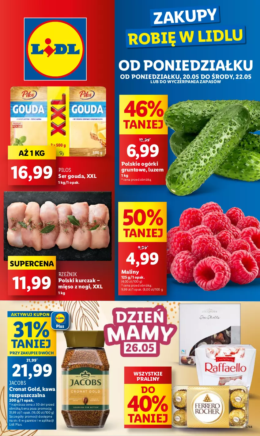 Gazetka promocyjna Lidl - GAZETKA - ważna 20.05 do 22.05.2024 - strona 1 - produkty: Gouda, Grunt, Jacobs, Kawa, Kawa rozpuszczalna, Kurczak, Maliny, Mięso, Pilos, Praliny, Ser