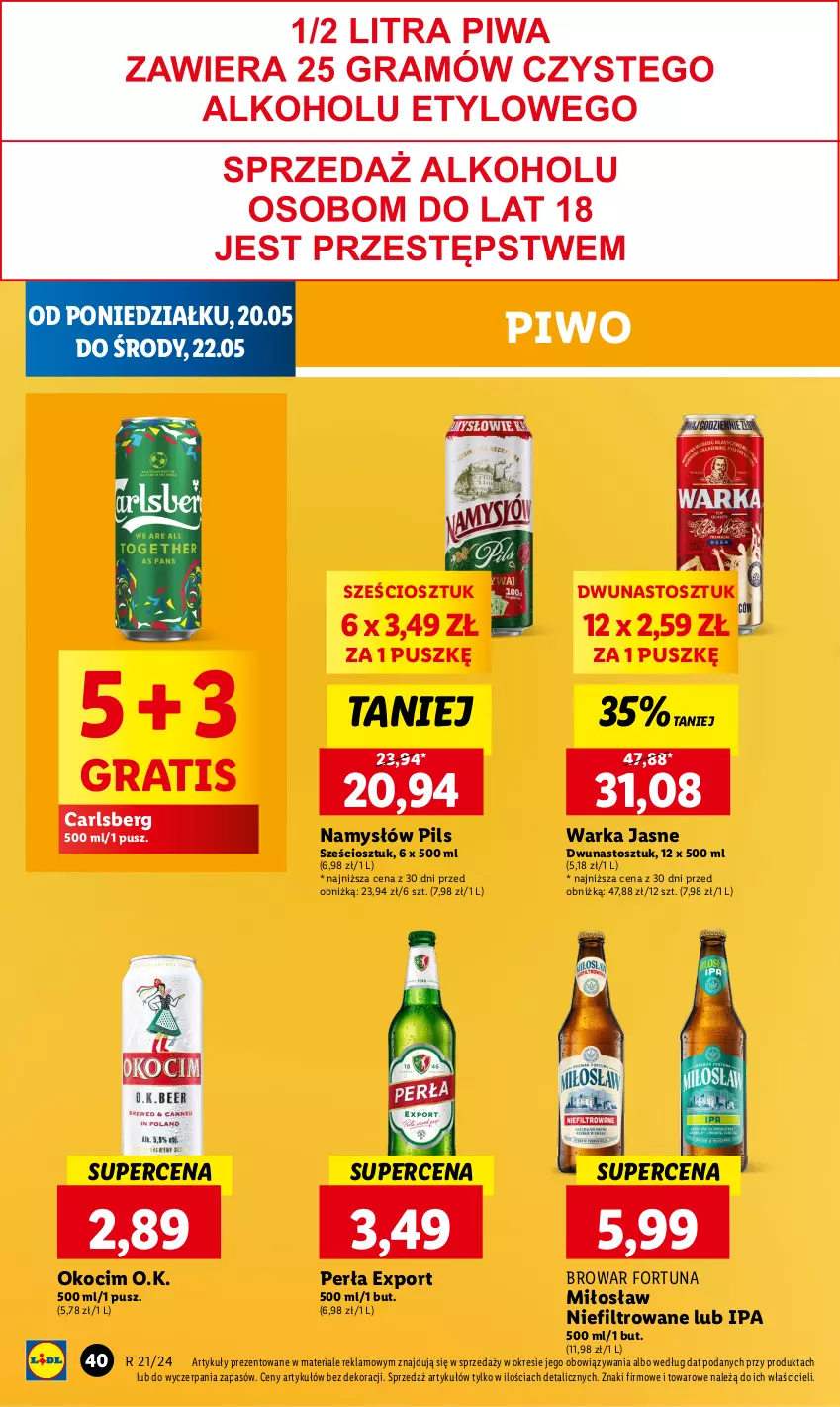 Gazetka promocyjna Lidl - GAZETKA - ważna 20.05 do 22.05.2024 - strona 44 - produkty: Carlsberg, Fortuna, Gra, Koc, Namysłów, Okocim, Perła, Piwo, Por, Warka