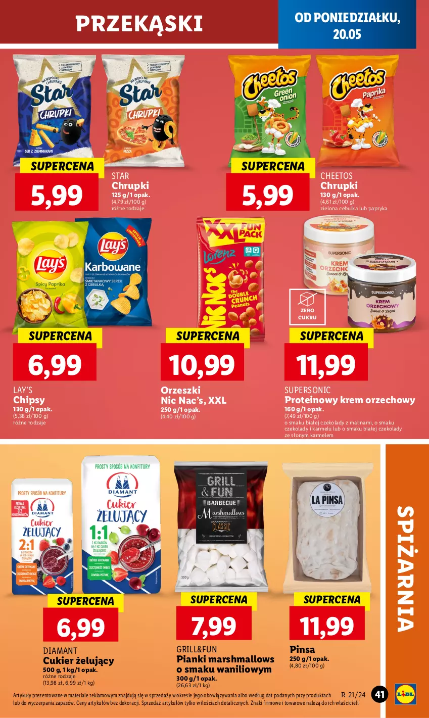 Gazetka promocyjna Lidl - GAZETKA - ważna 20.05 do 22.05.2024 - strona 45 - produkty: Cheetos, Chipsy, Chrupki, Cukier, Diamant, Grill, Krem orzechowy, Lay’s, Mars, Marshmallows, Orzeszki, Papryka