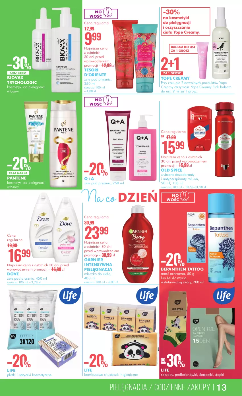 Gazetka promocyjna Super Pharm - Gazetka - ważna 11.07 do 25.07.2024 - strona 13 - produkty: Antyperspirant, Balsam do ust, Bepanthen, Biovax, Chusteczki, Dezodorant, Dove, Garnier, Karp, Kosmetyki do pielęgnacji, Mleczko, Mleczko do ciała, Old Spice, Pantene, Patyczki kosmetyczne, Rajstopy, Ser, Skarpetki, Top, Yope