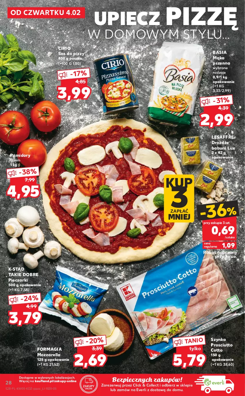 Gazetka promocyjna Kaufland - OFERTA TYGODNIA - ważna 04.02 do 10.02.2021 - strona 28 - produkty: Babuni, Basia, Drożdże, Mąka, Mąka pszenna, Mozzarella, Piec, Pizza, Pomidory, Prosciutto, Sos, Sos do pizzy, Szynka