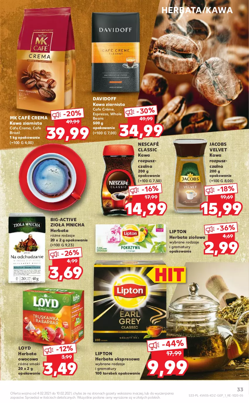 Gazetka promocyjna Kaufland - OFERTA TYGODNIA - ważna 04.02 do 10.02.2021 - strona 33 - produkty: Davidoff, Gra, Herbata, Herbata owocowa, Jacobs, Jacobs Velvet, Kawa, Kawa rozpuszczalna, Kawa ziarnista, Lipton, Loyd, Nescafé, Rama, Velvet