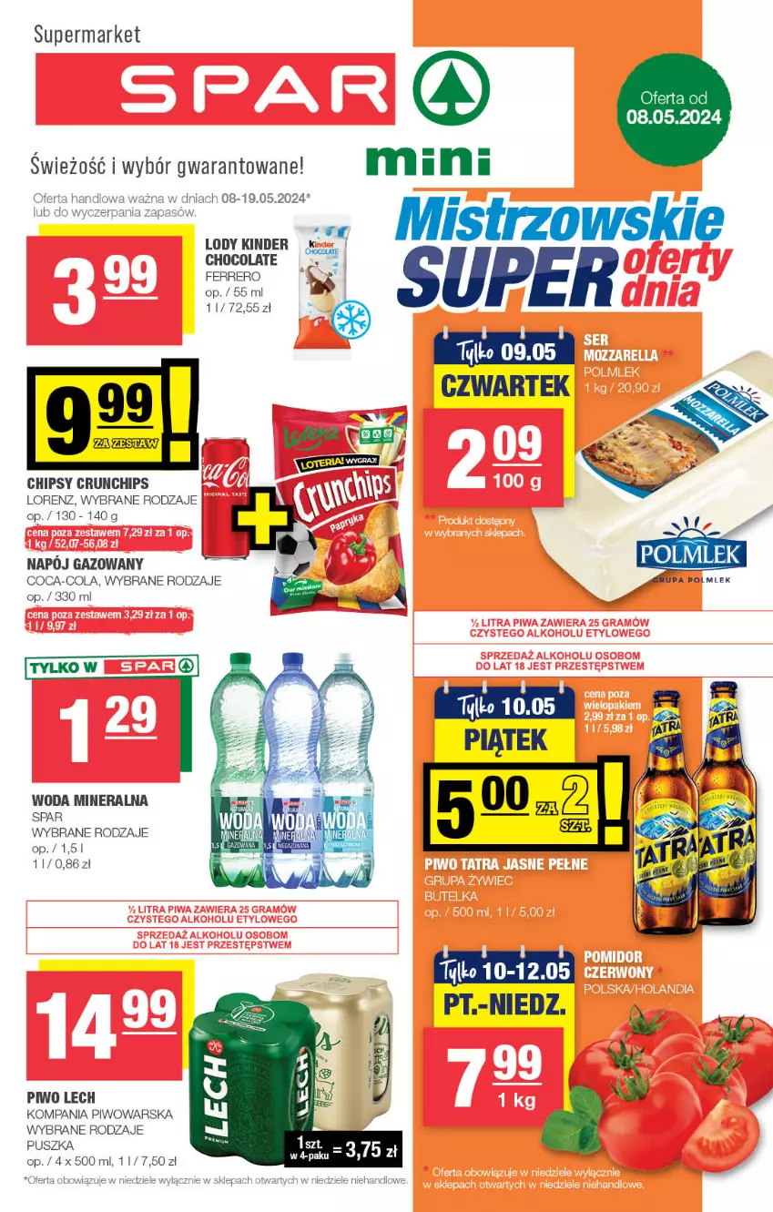 Gazetka promocyjna Spar - Spar-Mini - ważna 05.05 do 15.05.2024 - strona 1 - produkty: Chipsy, Coca-Cola, Ferrero, Lorenz, Napój, Napój gazowany, Piwo, Woda, Woda mineralna