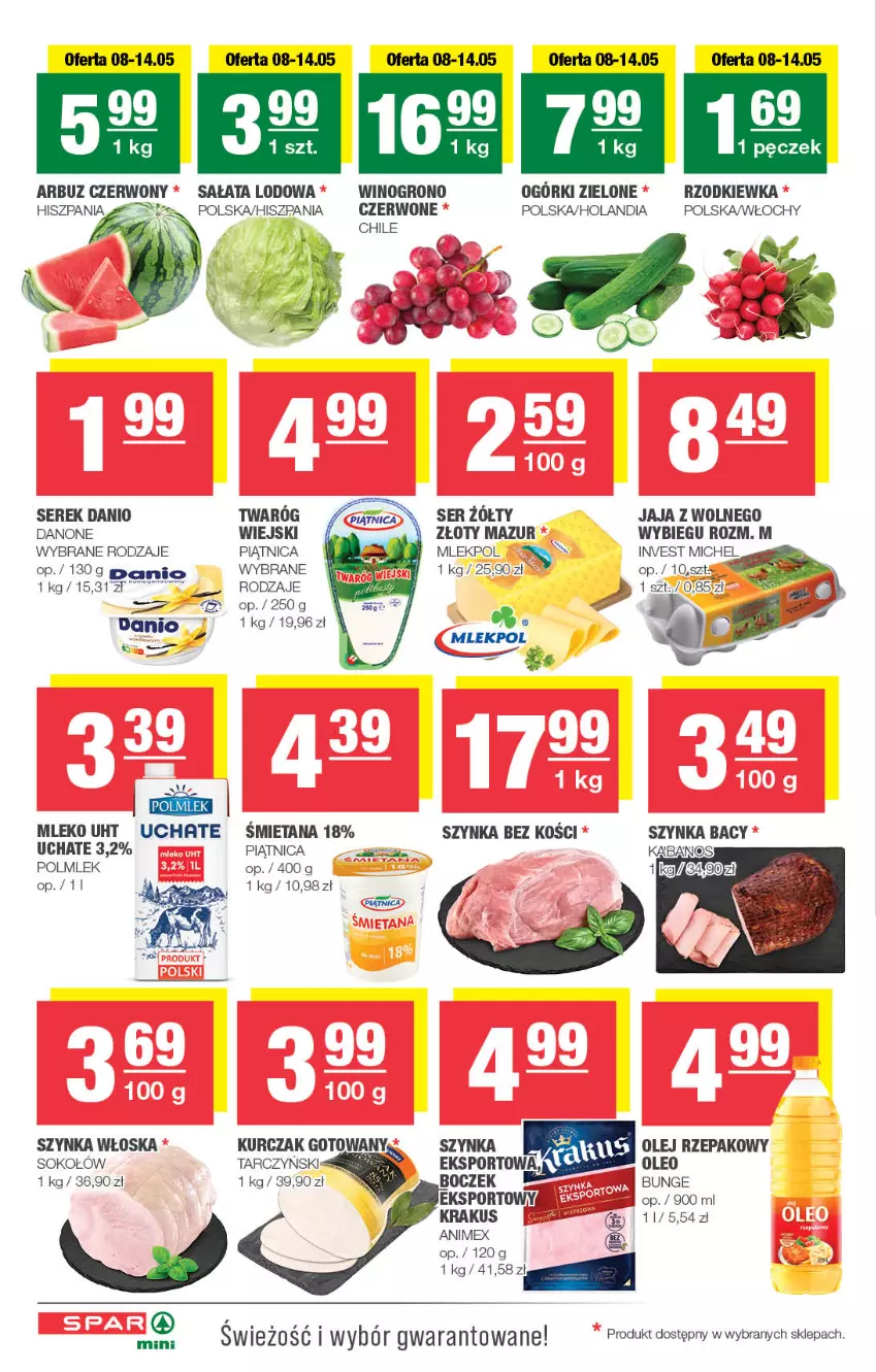 Gazetka promocyjna Spar - Spar-Mini - ważna 05.05 do 15.05.2024 - strona 2 - produkty: Arbuz, Danio, Danone, Jaja, Kurczak, Kurczak gotowany, Mleko, Olej, Olej rzepakowy, Oleo, Piątnica, POLMLEK, Por, Rzodkiewka, Sałat, Sałata lodowa, Ser, Serek, Sok, Sokołów, Sport, Szynka, Tarczyński, Wino, Złoty Mazur