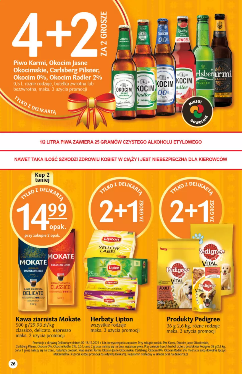 Gazetka promocyjna Delikatesy Centrum - Gazetka DC49 n. fresh - ważna 09.12 do 15.12.2021 - strona 26 - produkty: Carlsberg, Gra, Karmi, Kawa, Kawa ziarnista, Koc, Lipton, Okocim, Pedigree, Piec, Piwa, Piwo, Radler