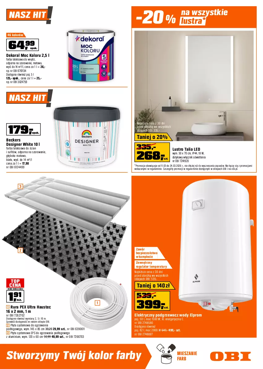 Gazetka promocyjna Obi - Gazetka OBI - ważna 11.03 do 24.03.2026 - strona 11 - produkty: Beckers, Dekoral, Drabina, Fa, Farba lateksowa, Finish, Geoflex, Klej, Lustro, Masa szpachlowa, Piec, Płyta, Por, Rura, Top