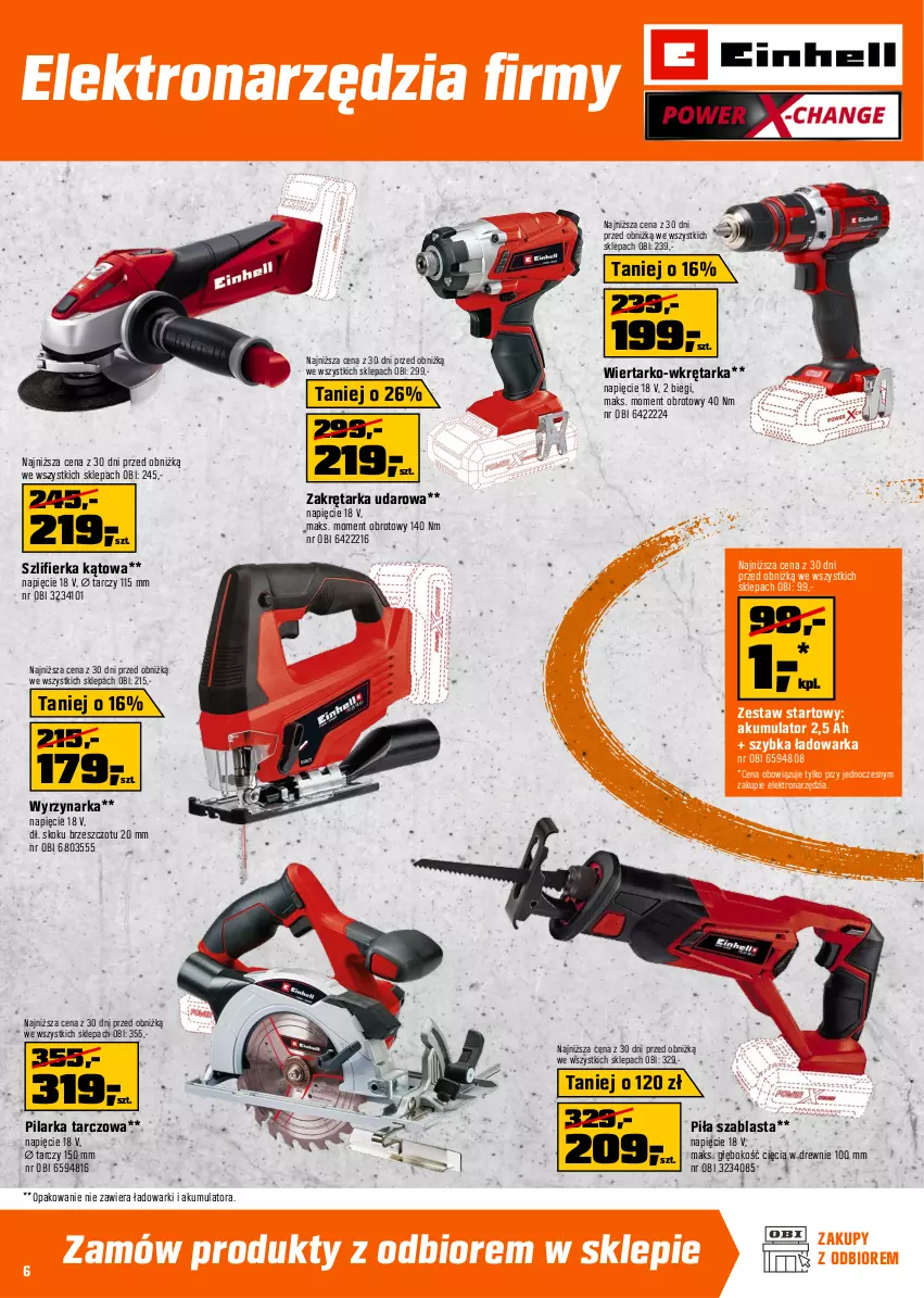 Gazetka promocyjna Obi - Gazetka OBI - ważna 11.03 do 24.03.2026 - strona 6 - produkty: Akumulator, Einhell, Fa, Pilarka tarczowa, Rama, Sekator, Szlifierka, Szlifierka kątowa, Tarka, Tran, Warka, Wkręt, Wkrętarka, Wyrzynarka