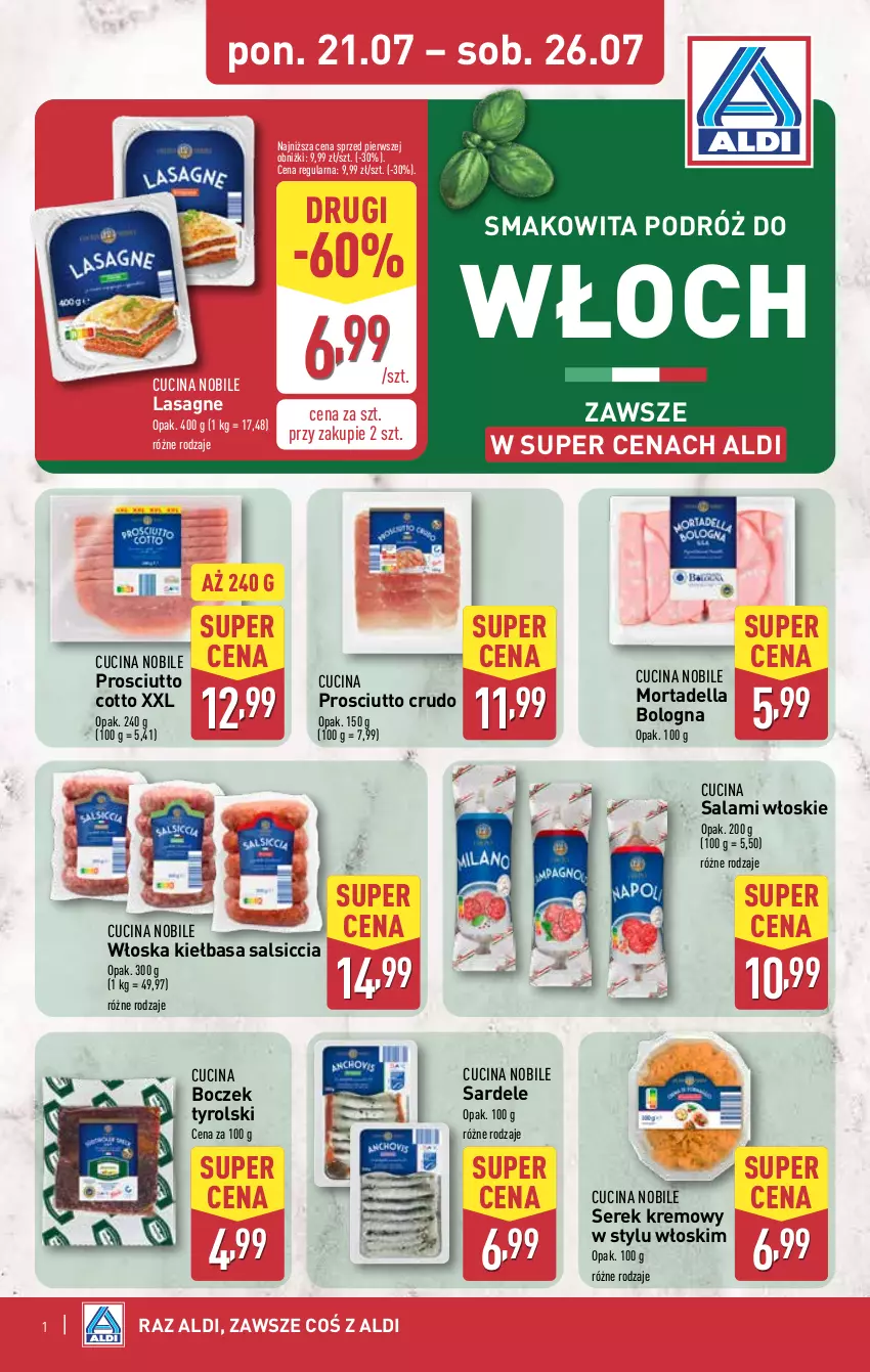 Gazetka promocyjna Aldi - Tydzień Włoski - ważna 28.07 do 02.08.2025 - strona 1 - produkty: Boczek, Dell, Kiełbasa, Lasagne, Mortadella, Prosciutto, Salami, Ser, Serek, Smakowita