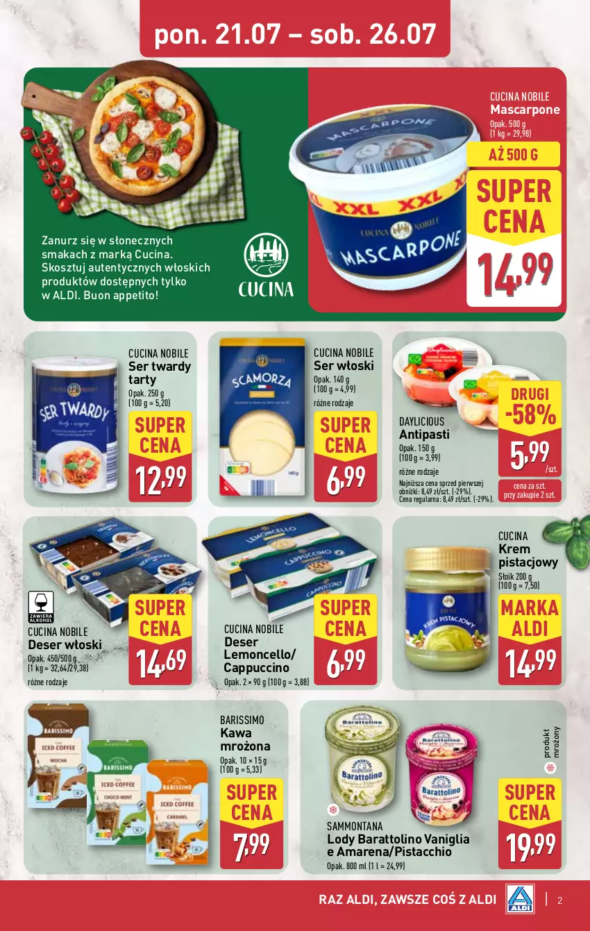 Gazetka promocyjna Aldi - Tydzień Włoski - ważna 28.07 do 02.08.2025 - strona 2 - produkty: Cappuccino, Deser, Kawa, Kosz, Krem pistacjowy, Lody, Mascarpone, Ser