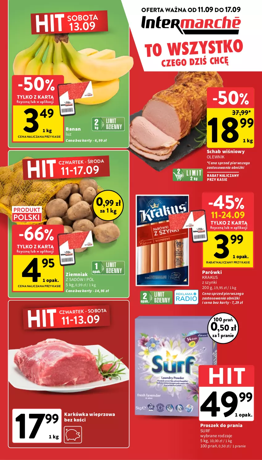 Gazetka promocyjna Intermarche - Gazetka Intermarche - ważna 11.09 do 17.09.2025 - strona 1 - produkty: Karkówka wieprzowa, Krakus, Olewnik, Parówki, Proszek do prania, Surf
