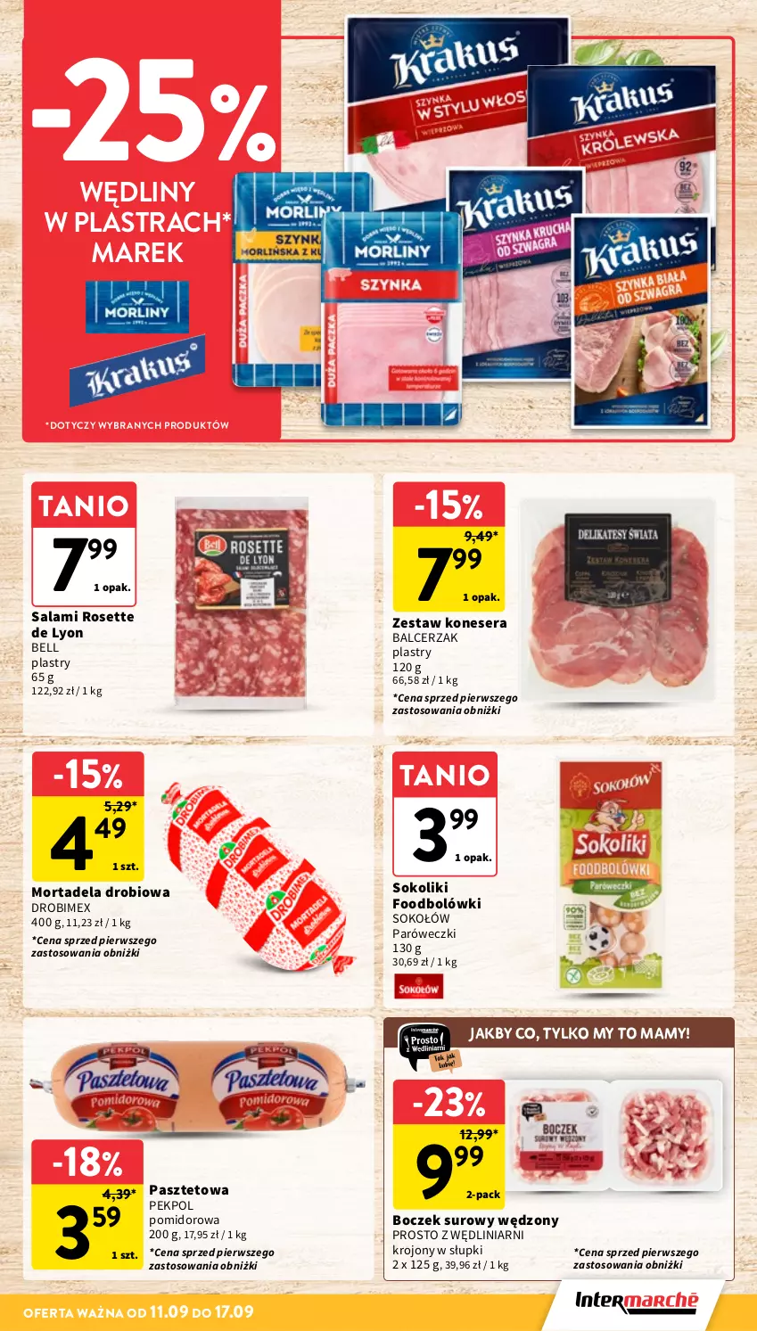 Gazetka promocyjna Intermarche - Gazetka Intermarche - ważna 11.09 do 17.09.2025 - strona 17 - produkty: Bell, Boczek, Drobimex, Pasztet, Pekpol, Salami, Ser, Sok, Sokołów