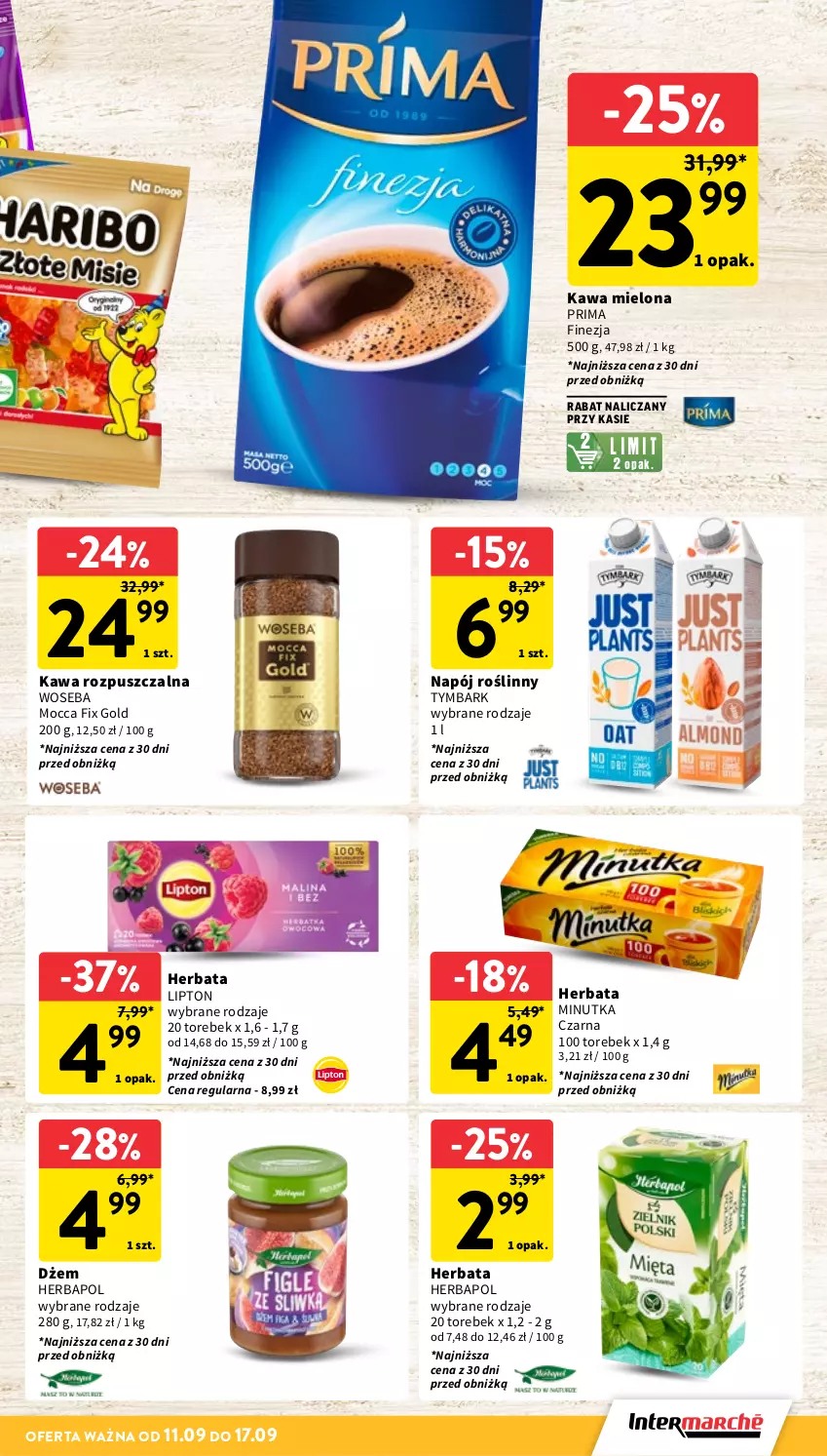 Gazetka promocyjna Intermarche - Gazetka Intermarche - ważna 11.09 do 17.09.2025 - strona 27 - produkty: Dżem, Herbapol, Herbata, Kawa, Kawa mielona, Kawa rozpuszczalna, Lipton, Mocca Fix Gold, Napój, Napój roślinny, Prima, Tymbark, Woseba