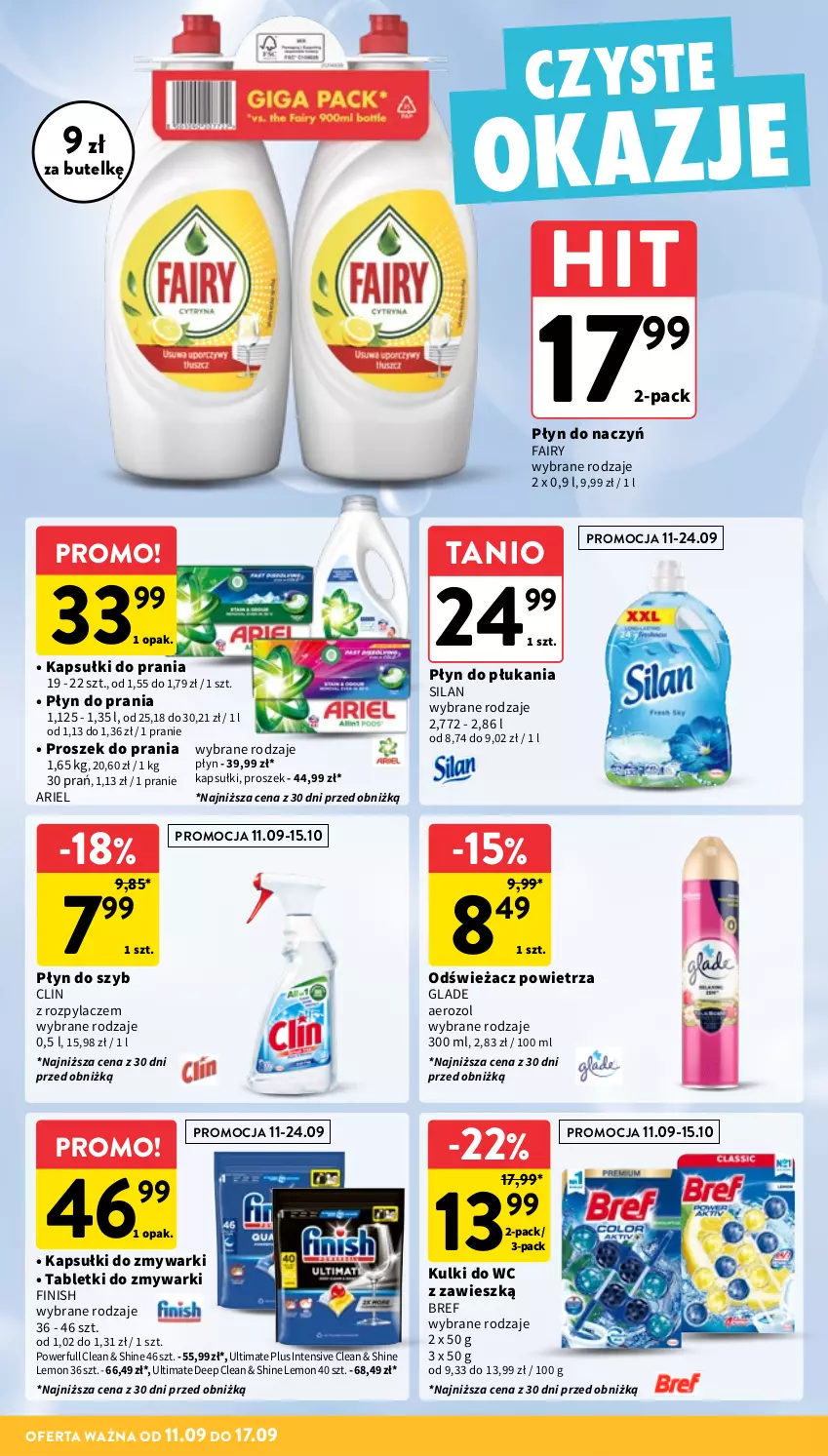 Gazetka promocyjna Intermarche - Gazetka Intermarche - ważna 11.09 do 17.09.2025 - strona 34 - produkty: Ariel, Bref, Clin, Fa, Fairy, Finish, Kapsułki do prania, Kulki do wc, Odświeżacz powietrza, Płyn do płukania, Płyn do prania, Płyn do szyb, Proszek do prania, Silan, Tablet, Tabletki do zmywarki, Zmywarki