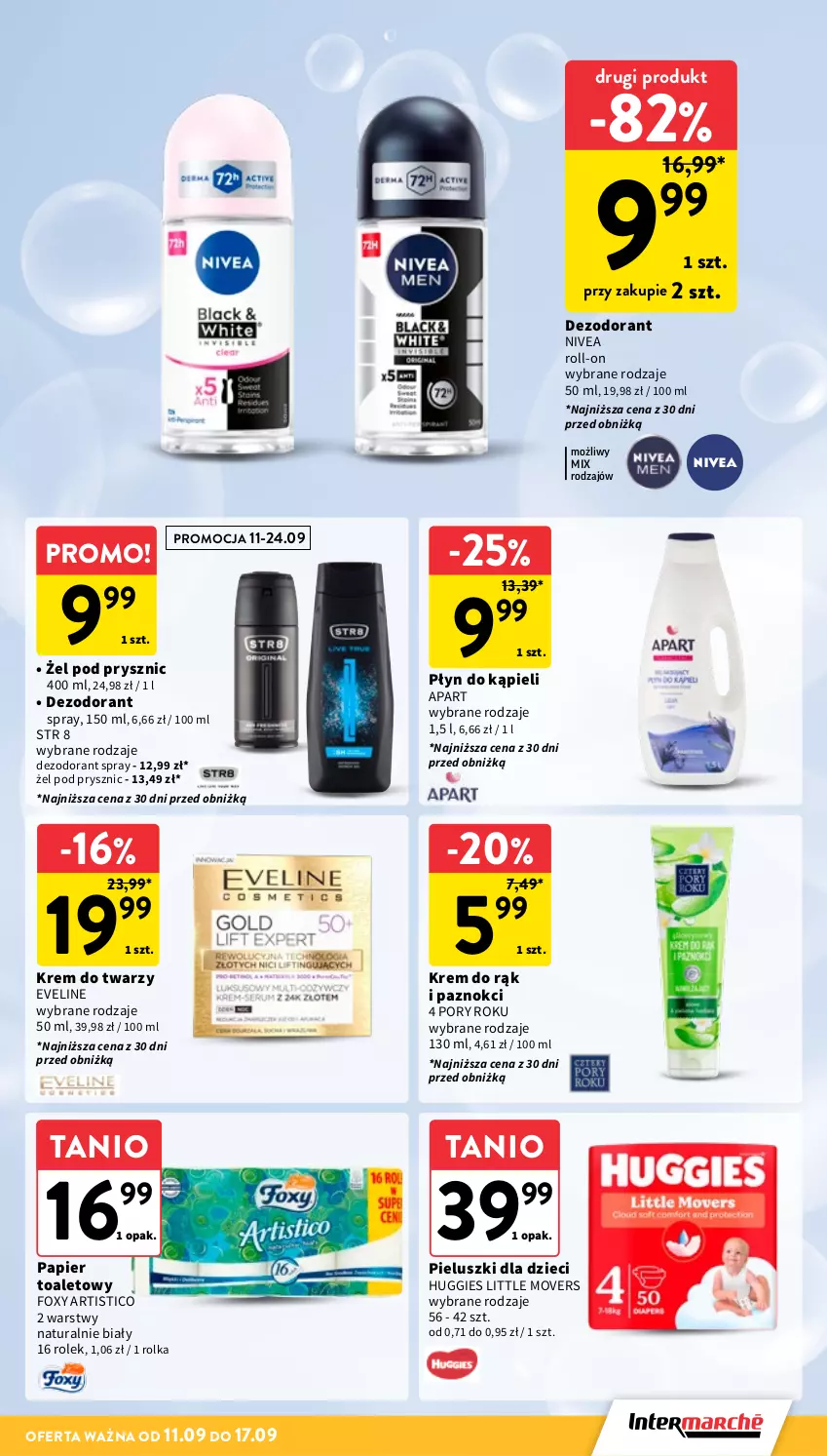 Gazetka promocyjna Intermarche - Gazetka Intermarche - ważna 11.09 do 17.09.2025 - strona 35 - produkty: Dezodorant, Dzieci, Eveline, Foxy, Huggies, Krem do rąk, Krem do twarzy, Nivea, Papier, Papier toaletowy, Płyn do kąpieli, Por