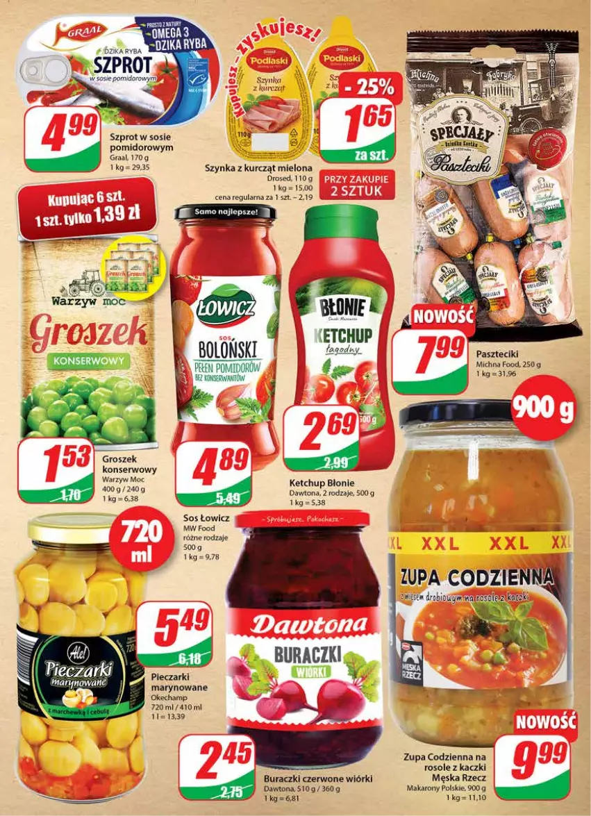 Gazetka promocyjna Dino - Gazetka - ważna 11.05 do 17.05.2022 - strona 9 - produkty: Buraczki, Dawtona, Fa, Gra, Graal, Groszek, Ketchup, Makaron, Piec, Ser, Sos, Szprot, Szprot w sosie, Szynka, Zupa