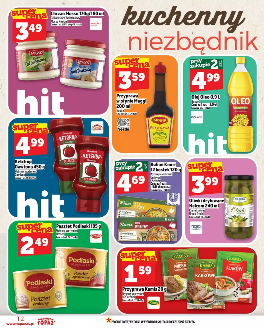 Gazetka promocyjna Topaz - Gazetka - ważna 30.10 do 05.11.2025 - strona 12 - produkty: Chrzan, HELCOM, Kamis, Maggi, Oliwki, Pasztet, Przyprawa w płynie, Top