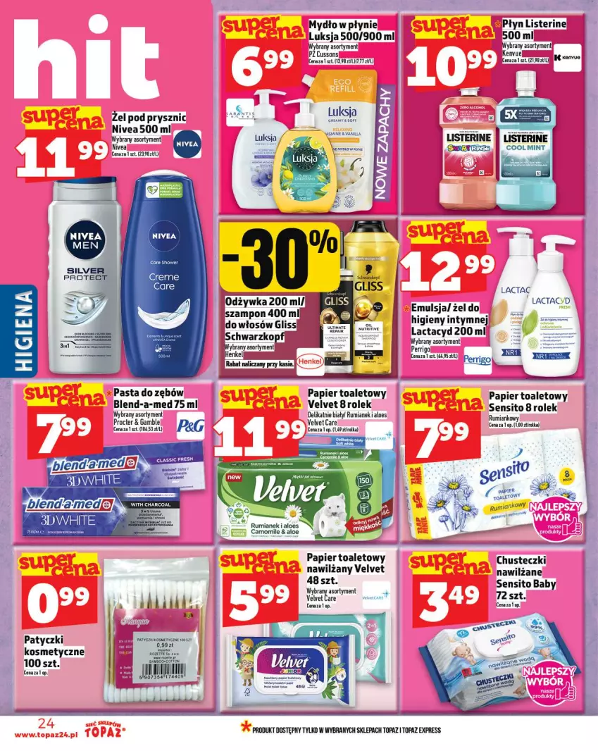 Gazetka promocyjna Topaz - Gazetka - ważna 30.10 do 05.11.2025 - strona 24 - produkty: Blend-a-Med, Chusteczki, Emulsja, Lactacyd, Listerine, Luksja, Mydło, Mydło w płynie, Nivea, Papier, Papier toaletowy, Pasta do zębów, Rum, Sito, Szampon, Top, Velvet