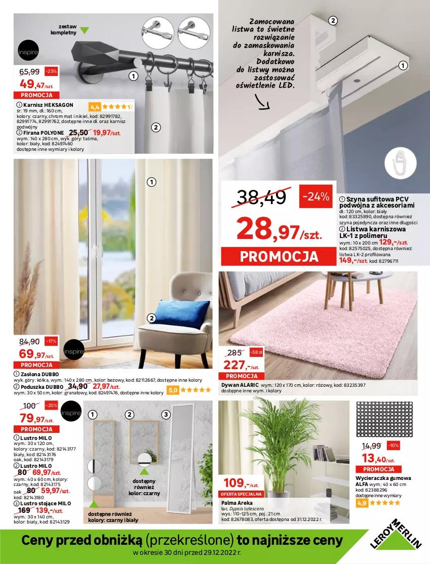 Gazetka promocyjna Leroy Merlin - Gazetka Leroy Merlin - ważna 29.12.2022 do 17.01.2023 - strona 9 - produkty: Dulux, Dywan, Emulsja, Fa, Firana, Gra, Granat, Karnisz, Kuchnia, LG, Listwa, Lustro, Palma, Poduszka, Por, Szyna, Wycieraczka, Zasłona