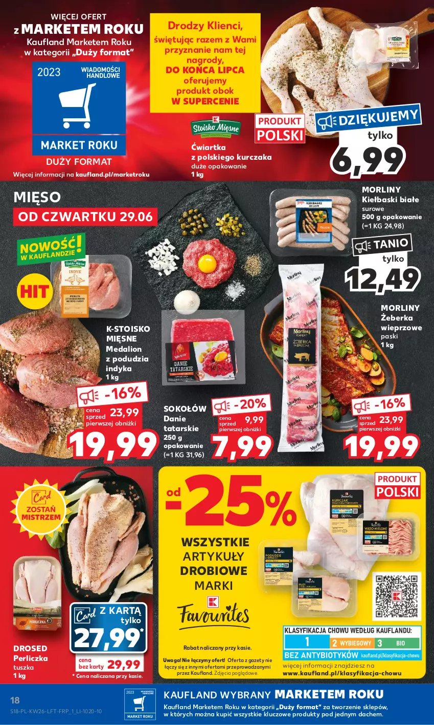 Gazetka promocyjna Kaufland - Gazetka tygodnia - ważna 29.06 do 05.07.2023 - strona 18 - produkty: Kiełbaski białe, Kurczak, Lion, Mięso, Morliny, Perliczka, Sok, Sokołów, Tusz, Waga