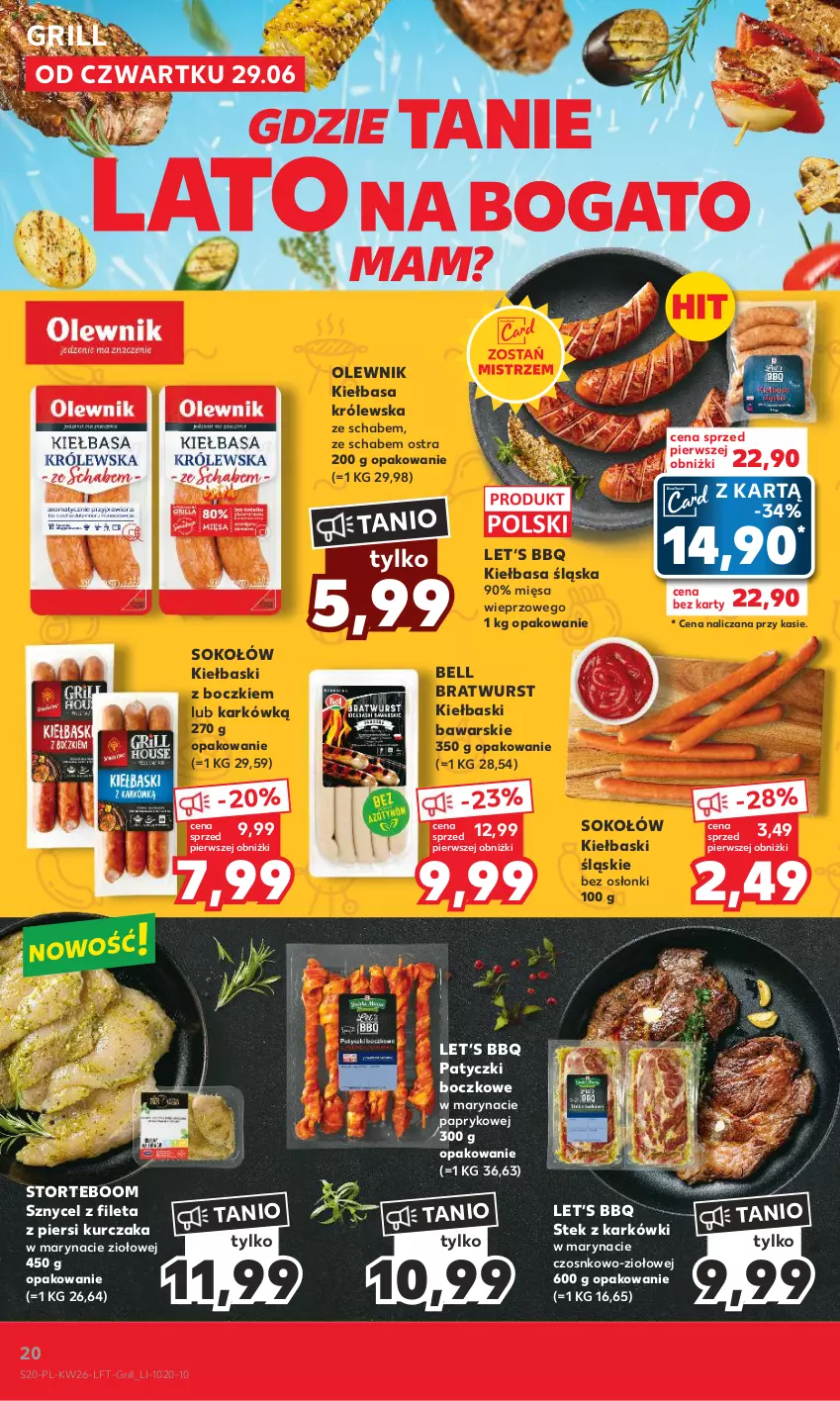 Gazetka promocyjna Kaufland - Gazetka tygodnia - ważna 29.06 do 05.07.2023 - strona 20 - produkty: Bell, Grill, Kiełbasa, Kiełbasa śląska, Kiełbaski śląskie, Kurczak, Olewnik, Sok, Sokołów, Stek