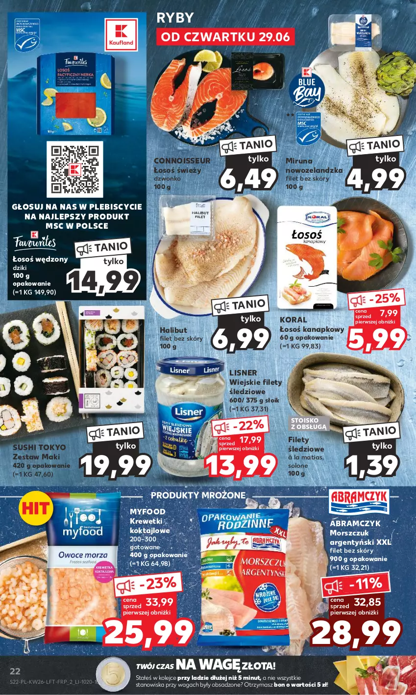 Gazetka promocyjna Kaufland - Gazetka tygodnia - ważna 29.06 do 05.07.2023 - strona 22 - produkty: Halibut, Krewetki, Lisner, Miruna, Olej, Produkty mrożone, Sushi, Waga