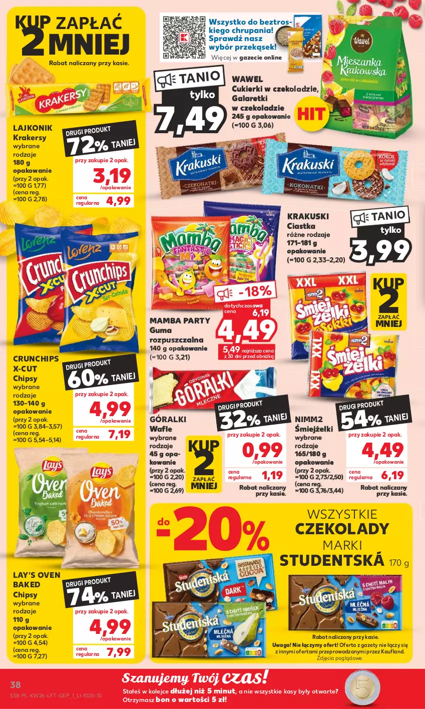 Gazetka promocyjna Kaufland - Gazetka tygodnia - ważna 29.06 do 05.07.2023 - strona 38 - produkty: Chipsy, Ciastka, Crunchips, Cukier, Cukierki, Gala, Galaretki, Góralki, Guma rozpuszczalna, Krakersy, Krakus, Krakuski, Lajkonik, Lay’s, Mamba, Nimm2, Olej, Wafle, Waga, Wawel