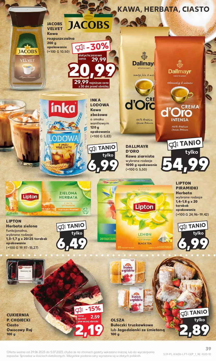 Gazetka promocyjna Kaufland - Gazetka tygodnia - ważna 29.06 do 05.07.2023 - strona 39 - produkty: Bułeczki, Cukier, Dallmayr, Herbata, Inka, Jacobs, Jacobs Velvet, Kawa, Kawa rozpuszczalna, Kawa zbożowa, Kawa ziarnista, Lipton, Velvet