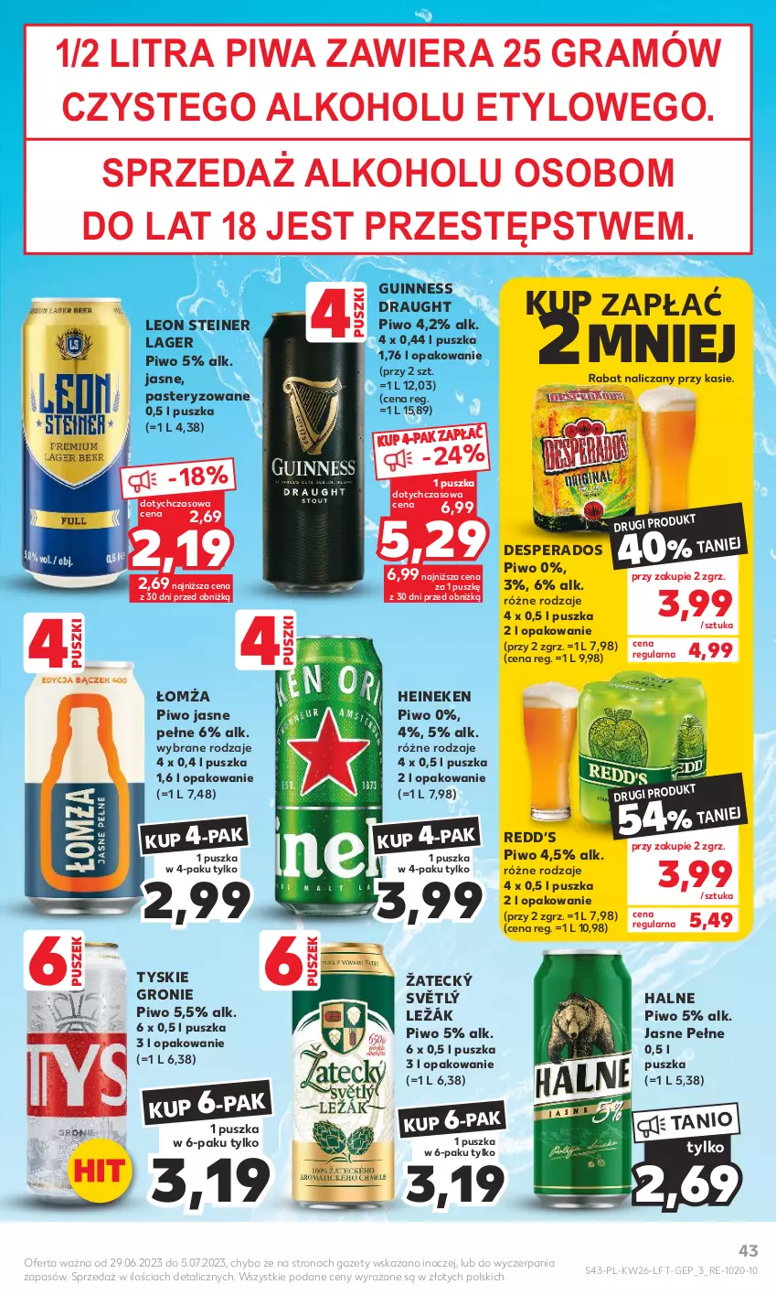 Gazetka promocyjna Kaufland - Gazetka tygodnia - ważna 29.06 do 05.07.2023 - strona 43 - produkty: Desperados, Gra, Heineken, Leon, Piwa, Piwo, Piwo jasne, Tyskie