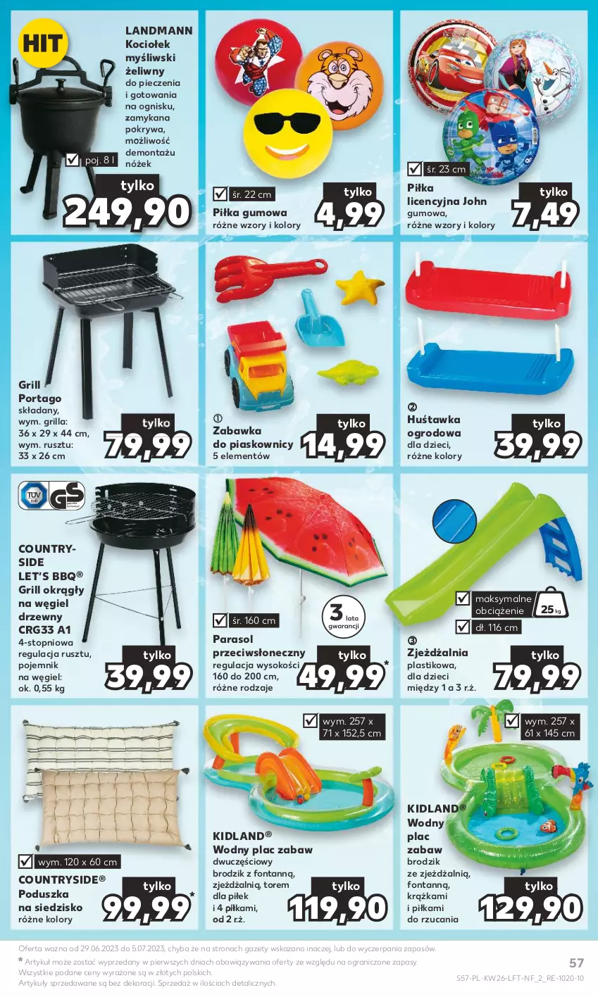 Gazetka promocyjna Kaufland - Gazetka tygodnia - ważna 29.06 do 05.07.2023 - strona 57 - produkty: Brodzik, Dzieci, Gra, Grill, Huśtawka, Koc, Parasol, Piec, Poduszka, Pojemnik, Pokrywa, Por, Siedzisko, Sok, Tago, Top, Węgiel drzewny, Zabawka