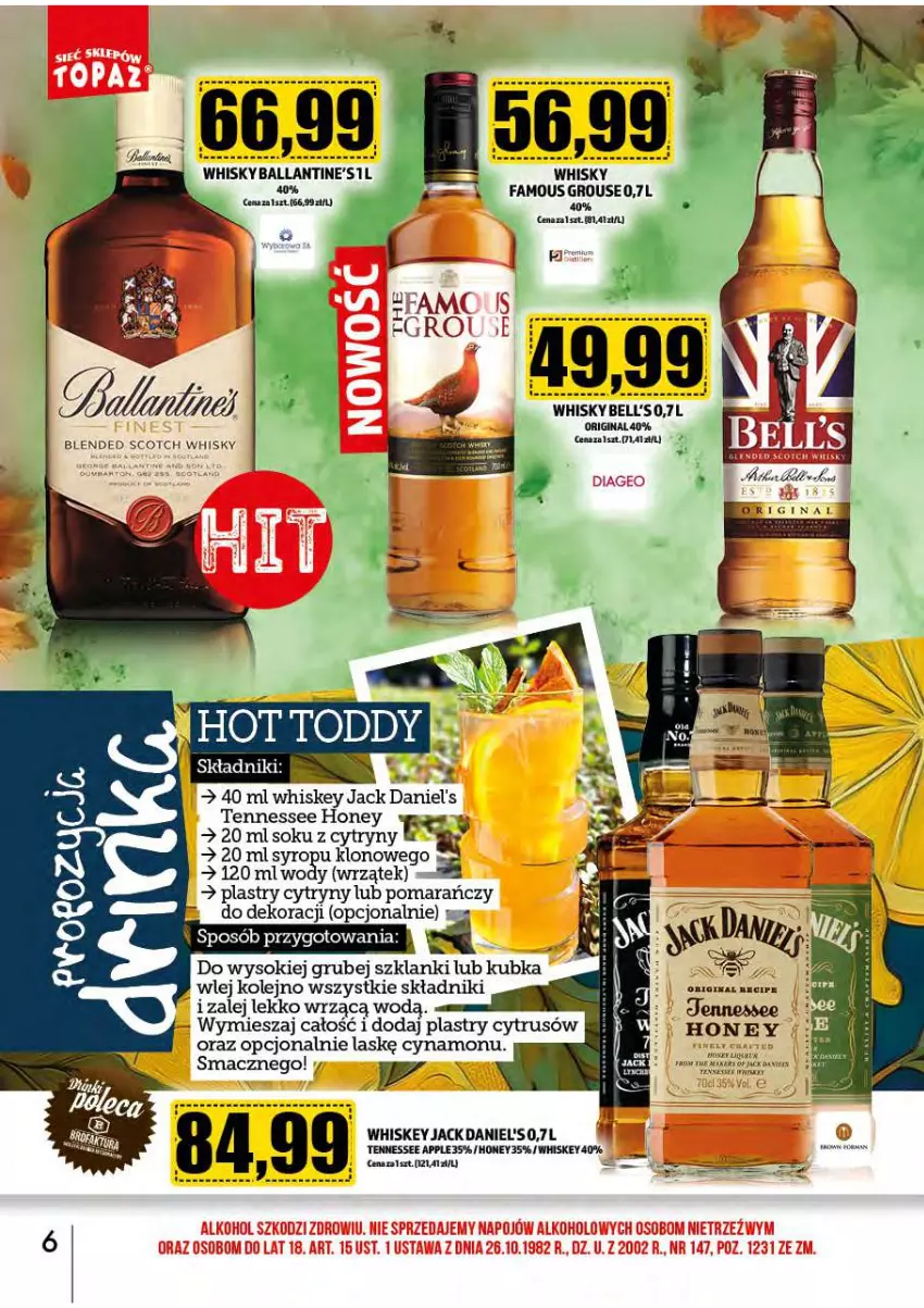 Gazetka promocyjna Topaz - Gazetka - ważna 01.10 do 31.10.2024 - strona 6 - produkty: Bell, Cytryny, Gin, Jack Daniel's, Lanki, Olej, Por, Sok, Syrop, Whiskey, Whisky