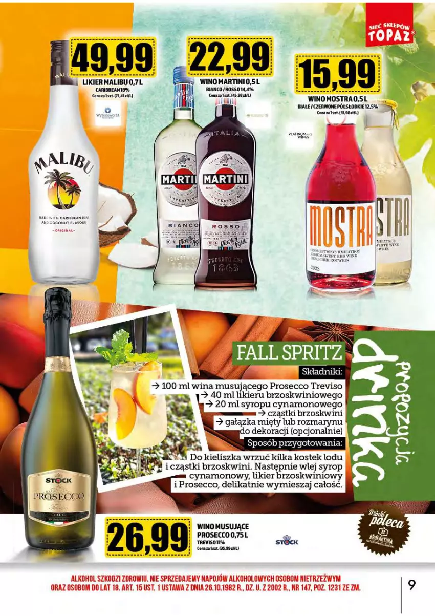 Gazetka promocyjna Topaz - Gazetka - ważna 01.10 do 31.10.2024 - strona 9 - produkty: Fa, Likier, Malibu, Martini, Mus, Prosecco, Rum, Stek, Syrop, Wino