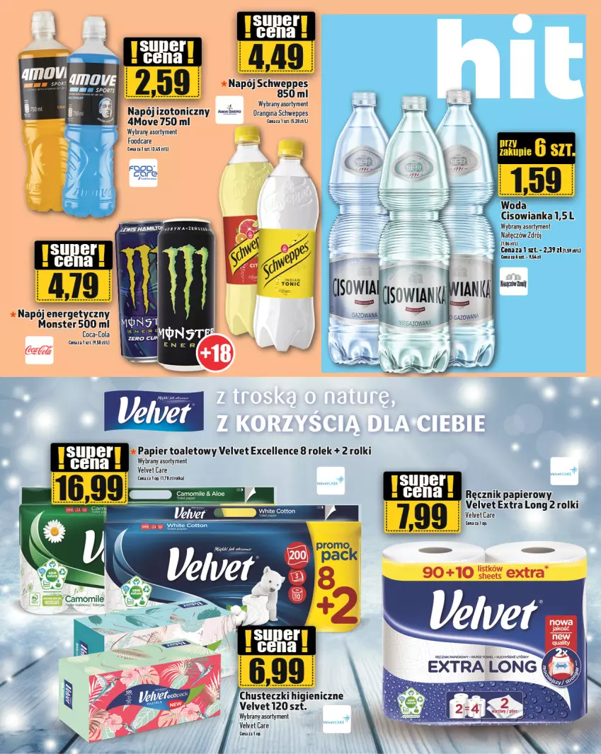 Gazetka promocyjna Topaz - Gazetka - ważna 01.02 do 07.02.2024 - strona 19 - produkty: Chusteczki, Cisowianka, Coca-Cola, Gin, Napój, Napój energetyczny, Papier, Papier toaletowy, Ręcznik, Rolki, Schweppes, Velvet