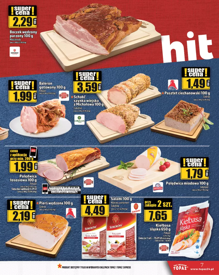 Gazetka promocyjna Topaz - Gazetka - ważna 01.02 do 07.02.2024 - strona 7 - produkty: Boczek, Kiełbasa, Pasztet, Salami, Sok, Sokołów, Szynka, Top