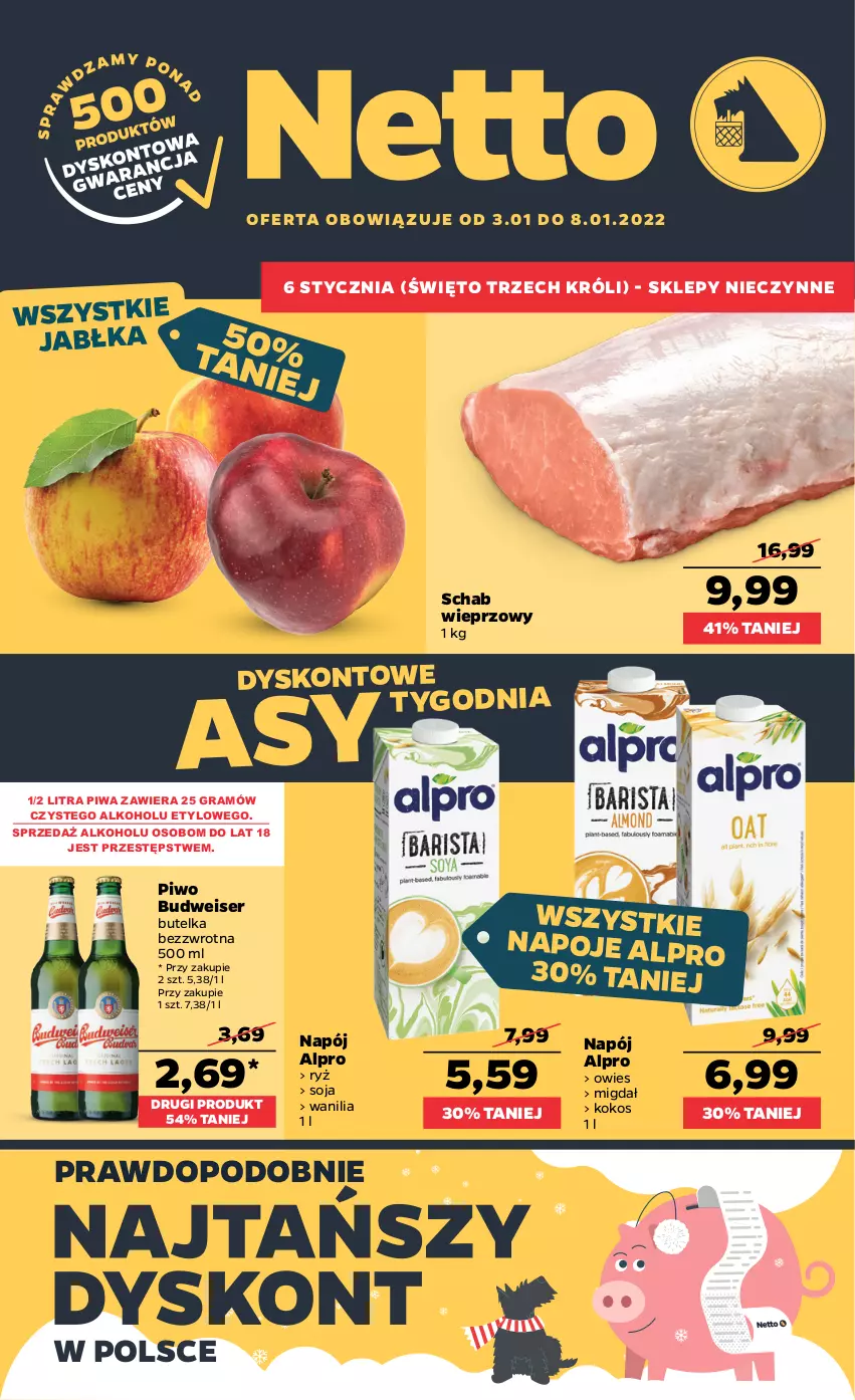 Gazetka promocyjna Netto - Nowy rok - ważna 03.01 do 08.01.2022 - strona 1 - produkty: Alpro, Gra, Jabłka, Kokos, Napój, Napoje, Piwa, Piwo, Ryż, Schab wieprzowy, Ser