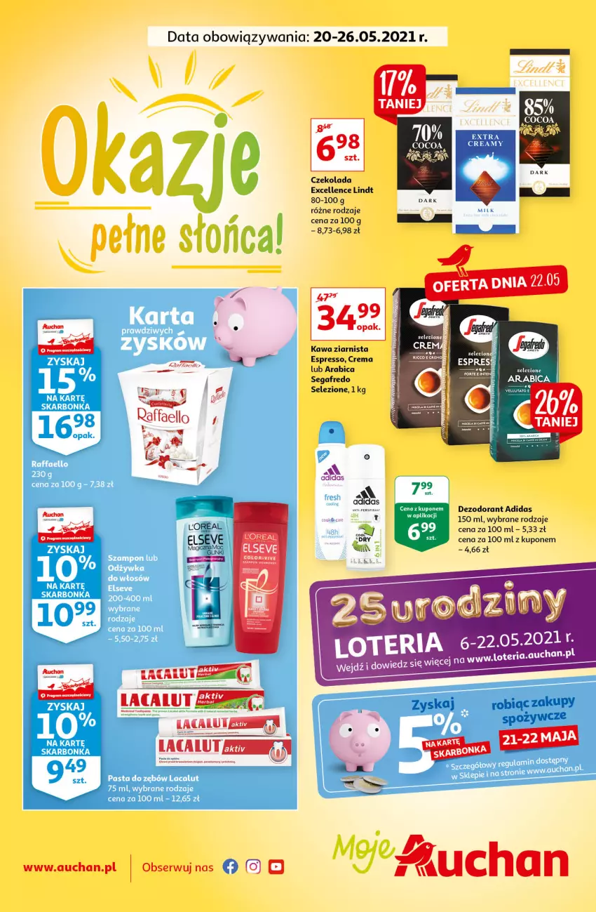 Gazetka promocyjna Auchan - Sezon na radość Moje Auchan - ważna 20.05 do 26.05.2021 - strona 1 - produkty: Adidas, BIC, Czekolada, Dezodorant, Elseve, Fa, Kawa, Kawa ziarnista, Lacalut, Lindt, Raffaello, Segafredo, Ser