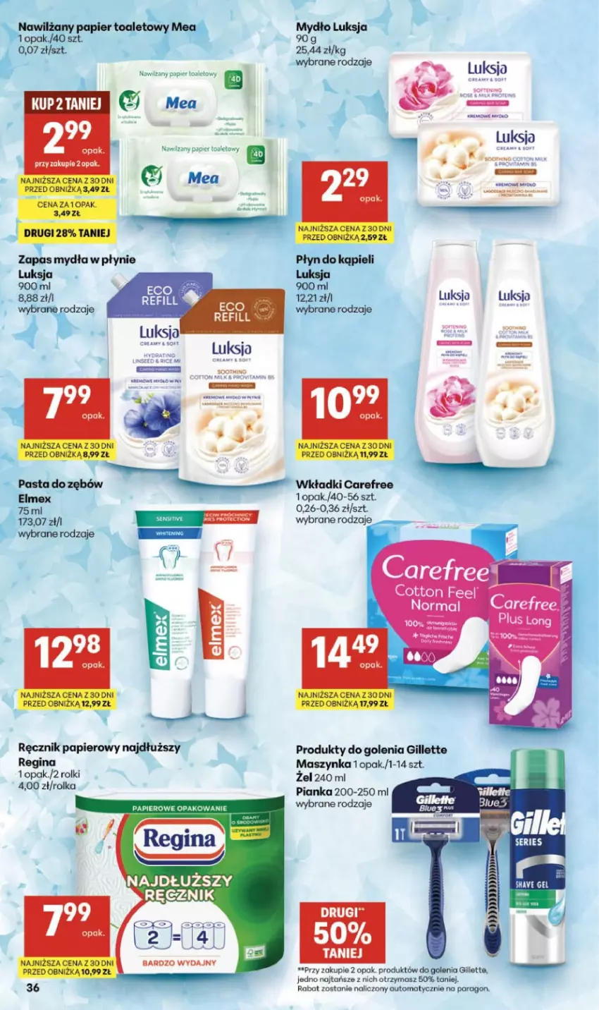 Gazetka promocyjna Delikatesy Centrum - Franczyza DC30 Czwartek - ważna 23.07 do 29.07.2026 - strona 36 - produkty: Carefree, Elmex, Gillette, Gin, Luksja, Maszynka, Mydło, Papier, Pasta do zębów, Ręcznik, Rolki, Ser, Szynka, Wkładki