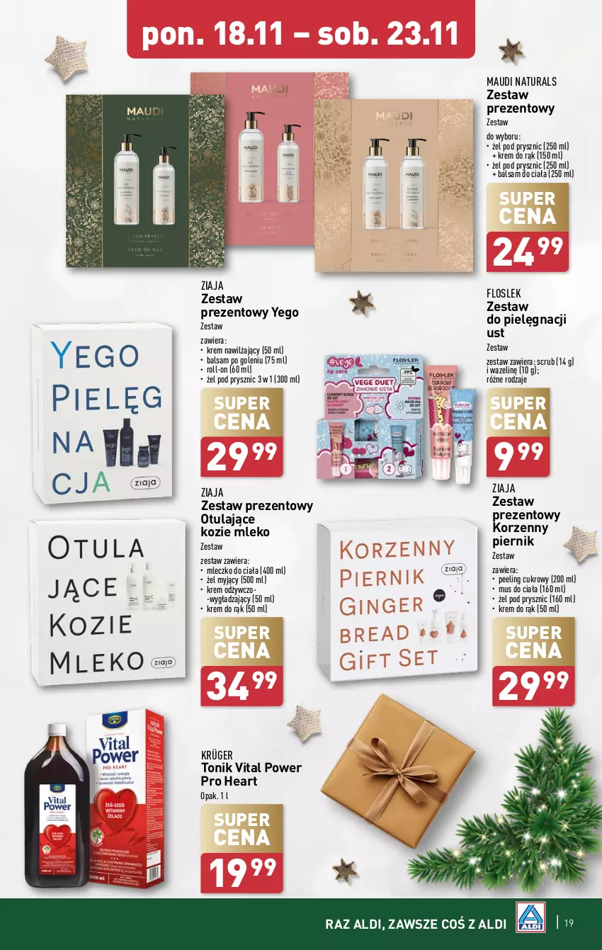 Gazetka promocyjna Aldi - Pełna oferta - ważna 18.11 do 23.11.2024 - strona 19 - produkty: Balsam do ciała, Balsam po goleniu, Krem do rąk, Krem nawilżający, Maudi Naturals, Mleczko, Mleczko do ciała, Mleko, Mus, Peeling, Piernik, Tonik, Zestaw prezentowy, Ziaja