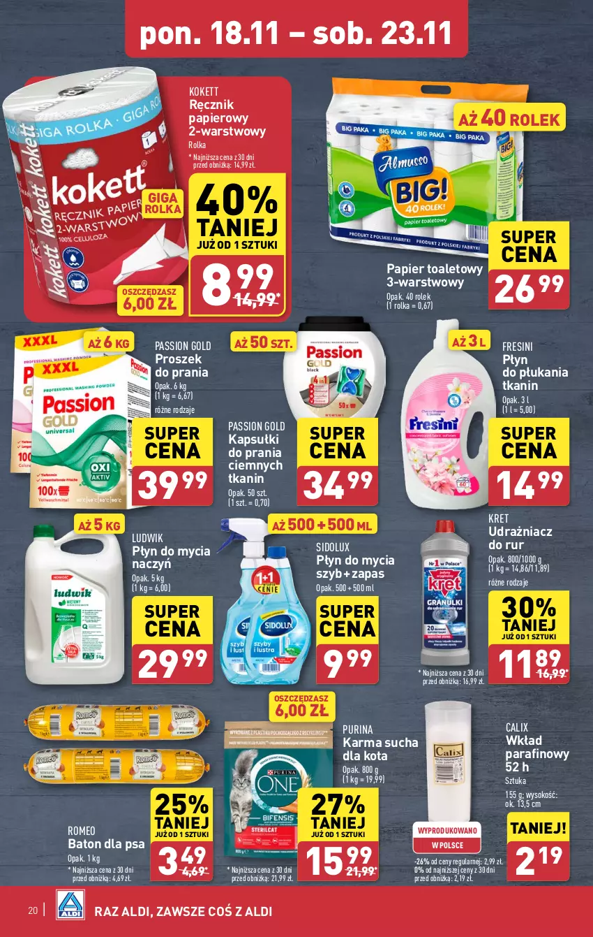 Gazetka promocyjna Aldi - Pełna oferta - ważna 18.11 do 23.11.2024 - strona 20 - produkty: Baton, Baton dla psa, Do mycia naczyń, Kapsułki do prania, Kret, Ludwik, Papier, Papier toaletowy, Płyn do mycia, Płyn do mycia naczyń, Płyn do płukania, Proszek do prania, Pur, Purina, Ręcznik, Sidolux, Sok