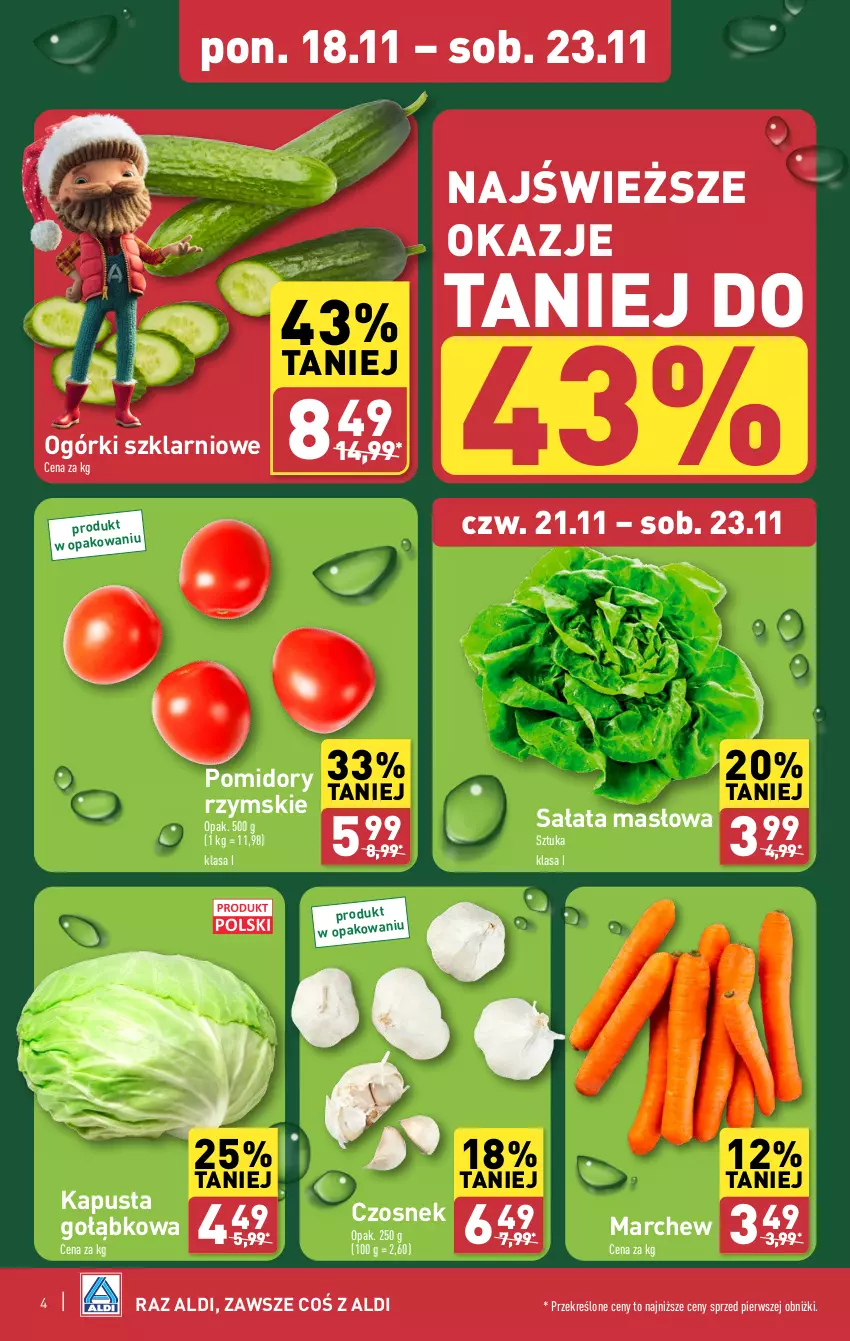 Gazetka promocyjna Aldi - Pełna oferta - ważna 18.11 do 23.11.2024 - strona 4 - produkty: Czosnek, Masło, Pomidory, Sałat, Sałata masłowa