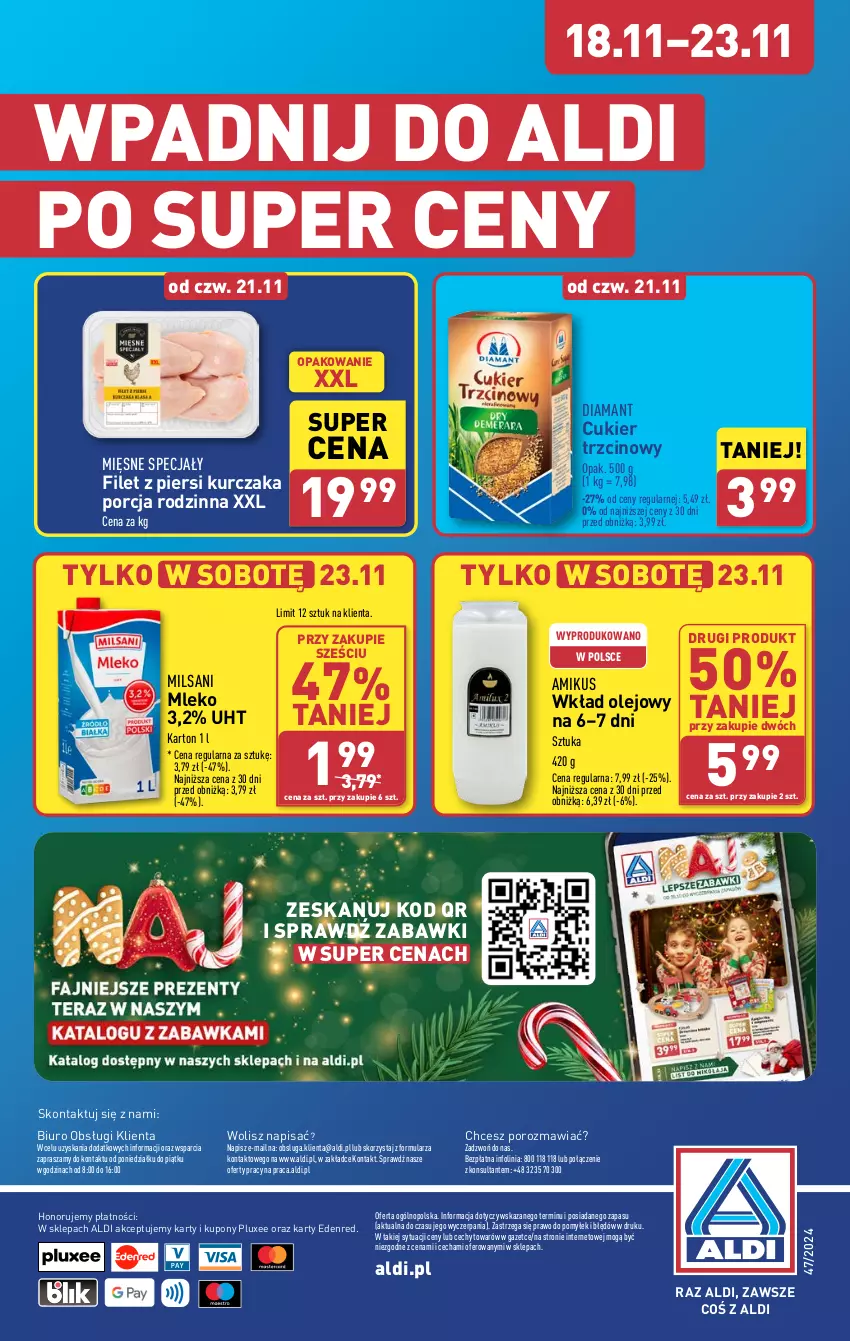 Gazetka promocyjna Aldi - Pełna oferta - ważna 18.11 do 23.11.2024 - strona 40 - produkty: Biuro, Cukier, Cukier trzcinowy, Diamant, Filet z piersi kurczaka, Kurczak, Mięsne specjały, Mleko, O nas, Olej, Por, Wkład olejowy