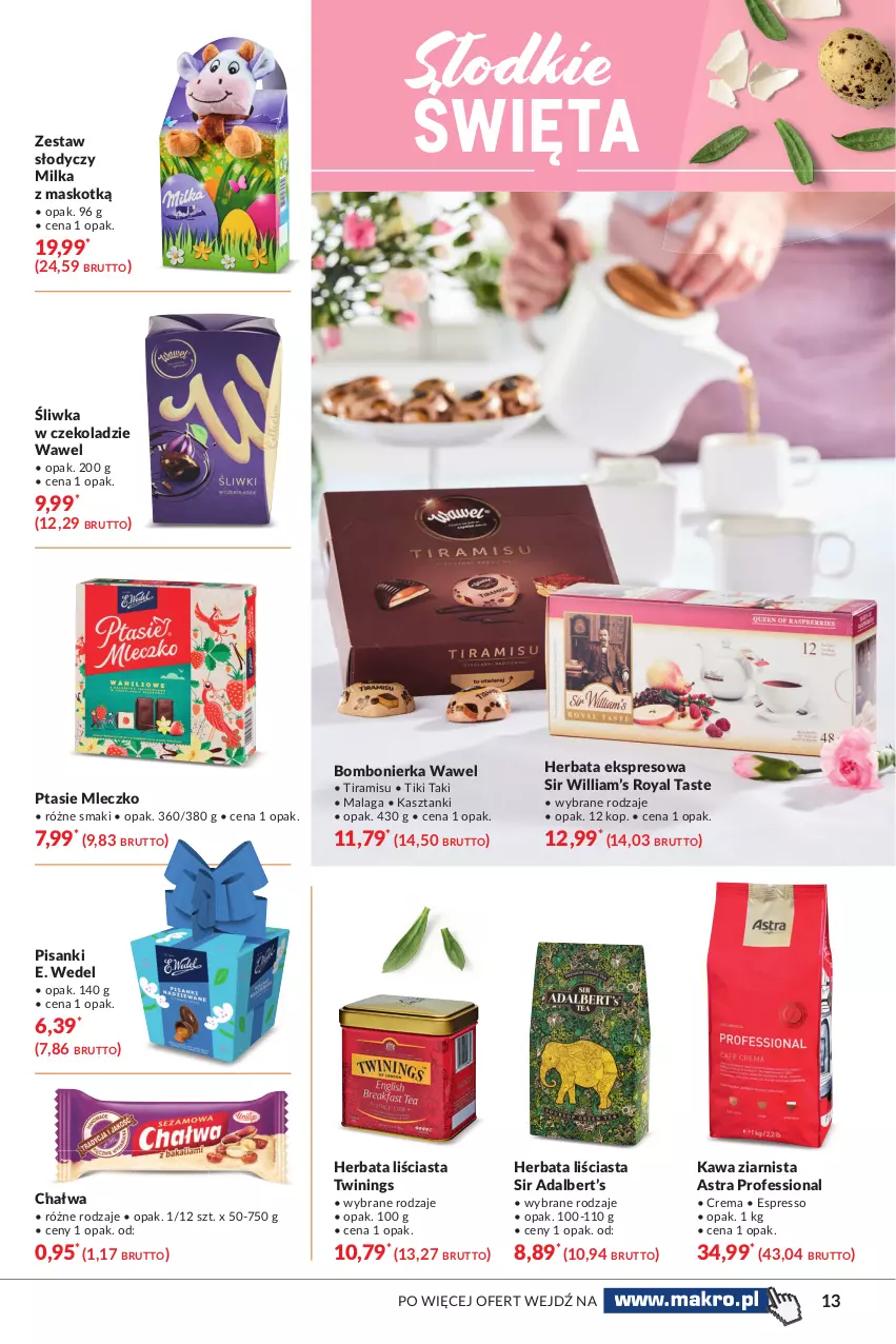 Gazetka promocyjna Makro - [Oferta specjalna] Delikatesy - ważna 23.03 do 03.04.2021 - strona 13 - produkty: Chałwa, E. Wedel, Herbata, Kawa, Kawa ziarnista, Milka, Mleczko, Ptasie mleczko, Sanki, Wawel