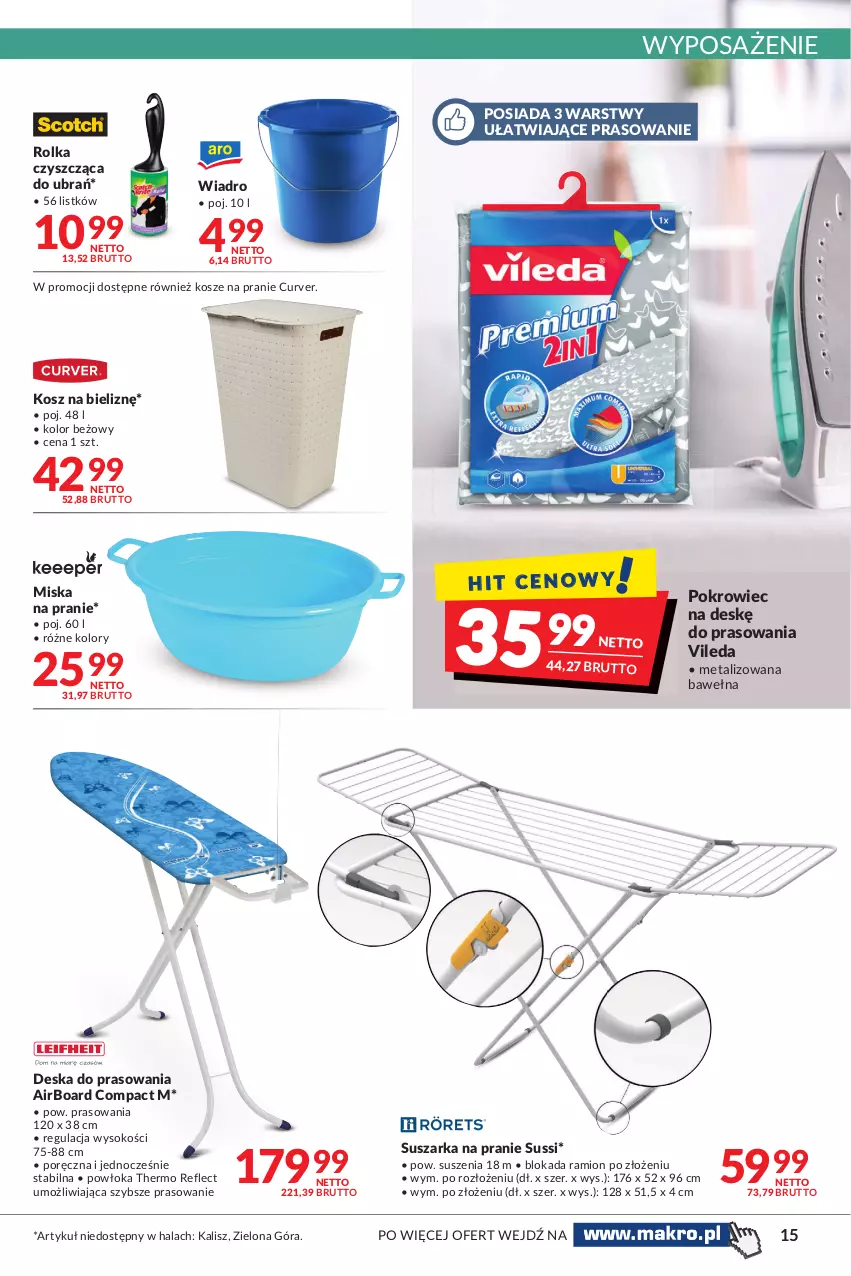 Gazetka promocyjna Makro - [Oferta promocyjna] Artykuły spożywcze i przemysłowe - ważna 16.11 do 29.11.2021 - strona 15 - produkty: Deska do prasowania, Kosz, Kosz na bieliznę, Miska, Pokrowiec, Pokrowiec na deskę, Por, Sok, Suszarka, Suszarka na pranie, Vileda, Wełna, Wiadro