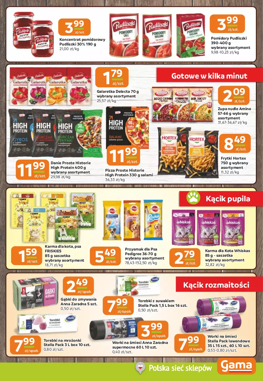 Gazetka promocyjna Gama - Gazetka Gama - ważna 26.02 do 10.03.2026 - strona 9 - produkty: Delecta, Friskies, Frytki, Gala, Galaretka, Hortex, Koncentrat pomidorowy, Pedigree, Pizza, Pomidory, Przysmak dla psa, Pudliszki, Salami, Whiskas, Worki na śmiec, Worki na śmieci, Zupa