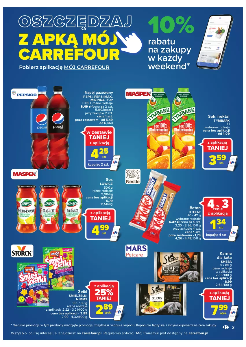 Gazetka promocyjna Carrefour - Gazetka Szalona 5 Carrefour Tarnów - ważna 16.08 do 28.08.2022 - strona 3 - produkty: 7up, Baton, Kosz, Mirinda, Napój, Napój gazowany, Nektar, Nimm2, Pepsi, Pepsi max, Sheba, Sok, Sos, Tymbark