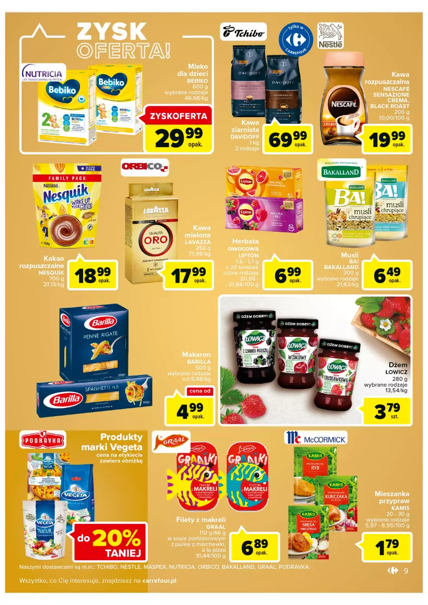 Gazetka promocyjna Carrefour - Gazetka Szalona 5 Carrefour Tarnów - ważna 16.08 do 28.08.2022 - strona 9 - produkty: Bakalland, Barilla, BIC, Davidoff, Dzieci, Fa, Gra, Graal, Herbata, Kamis, Kawa, Kawa ziarnista, Lack, Lipton, Makaron, Nesquik, Pizza, Podravka, Tchibo, Vegeta