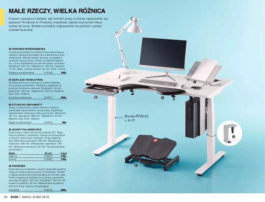 Gazetka promocyjna AJ Produkty - Marzec - ważna 01.03 do 31.03.2021 - strona 30 - produkty: Biurka, Biuro, Komputer, Noż, Organizer, Podnóżek, Por, Sok, Stojak, Telefon, Top