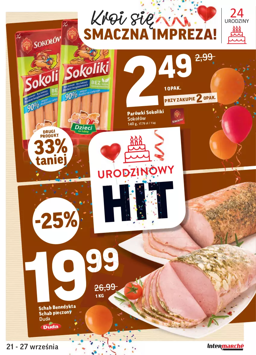 Gazetka promocyjna Intermarche - Gazetka promocyjna - ważna 21.09 do 27.09.2021 - strona 17 - produkty: Duda, Parówki, Parówki sokoliki, Piec, Schab pieczony, Sok