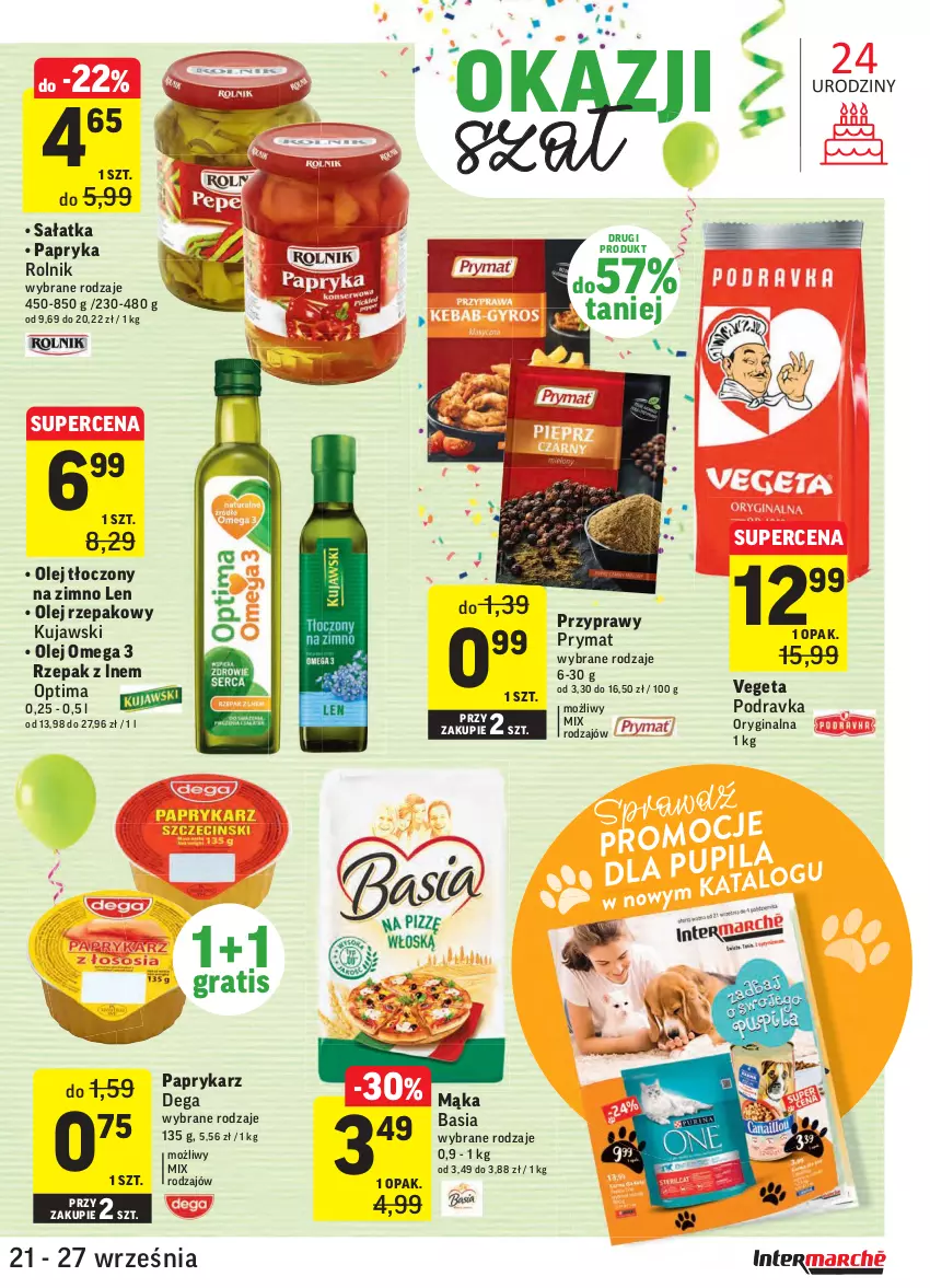 Gazetka promocyjna Intermarche - Gazetka promocyjna - ważna 21.09 do 27.09.2021 - strona 33 - produkty: Basia, Dega, Gin, Gra, Kujawski, Mąka, Mop, Olej, Olej rzepakowy, Optima, Papryka, Paprykarz, Podravka, Prymat, Przyprawy, Rolnik, Sałat, Sałatka, Vegeta