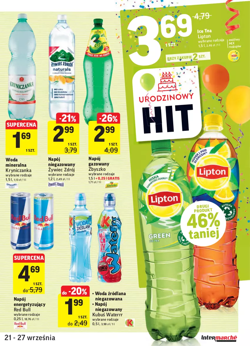 Gazetka promocyjna Intermarche - Gazetka promocyjna - ważna 21.09 do 27.09.2021 - strona 37 - produkty: Gra, Kubuś, Kubuś Waterrr, LANA, Lipton, Napój, Napój gazowany, Napój niegazowany, Red Bull, Woda, Woda mineralna