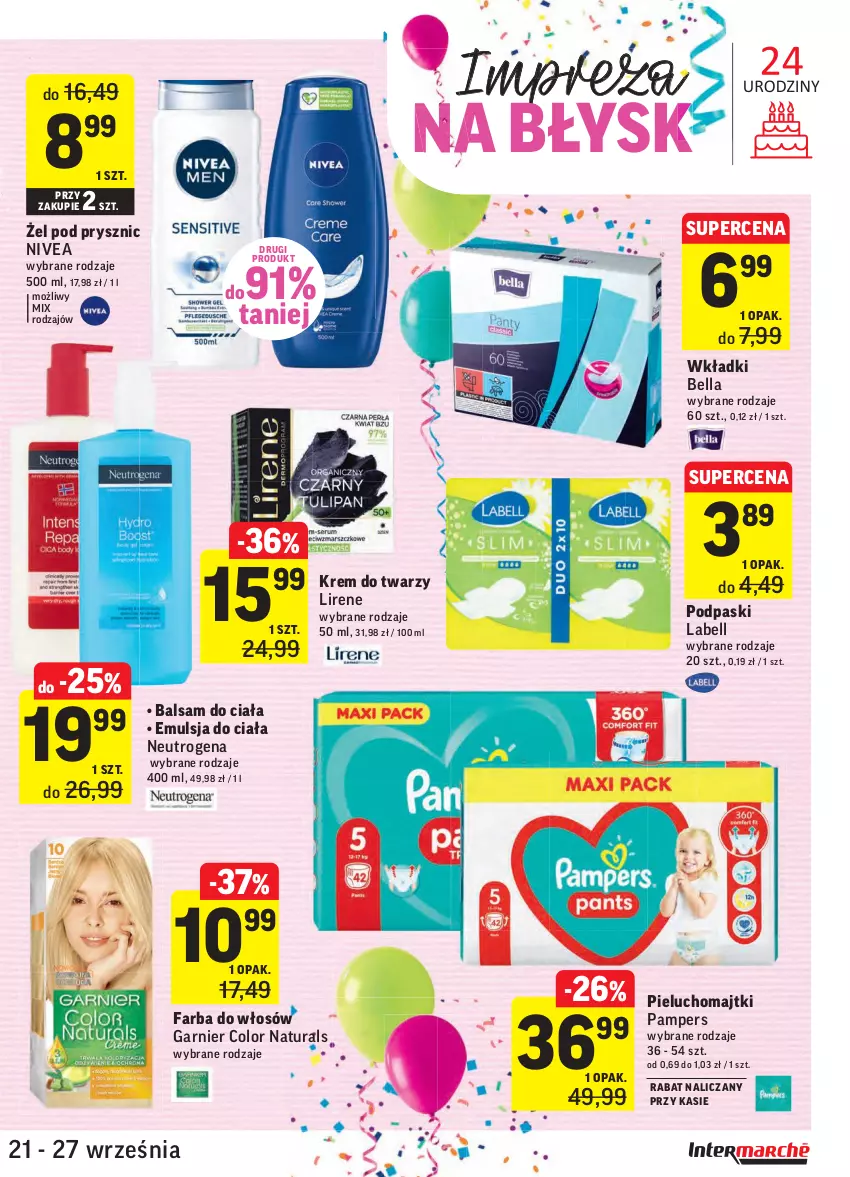 Gazetka promocyjna Intermarche - Gazetka promocyjna - ważna 21.09 do 27.09.2021 - strona 43 - produkty: Balsam do ciała, Bell, Bella, Emulsja, Fa, Farba do włosów, Garnier, Krem do twarzy, Lirene, Majtki, Neutrogena, Nivea, Pampers, Pieluchomajtki, Podpaski, Wkładki